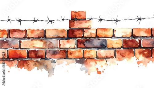 Watercolor of a brick wall with barbed wire on a white background illutrastion transparent background