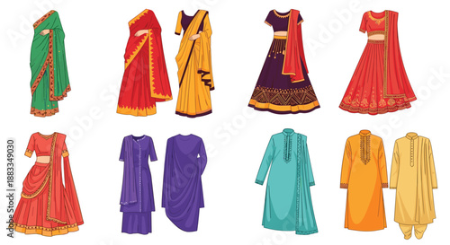 Collection of traditional Indian ethnic clothing including sarees lehengas and kurtas for men and women on a white background.