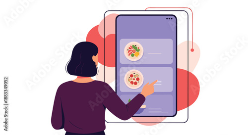 Woman using a large smartphone screen to order healthy food like salad and pizza through a mobile delivery application interface.
