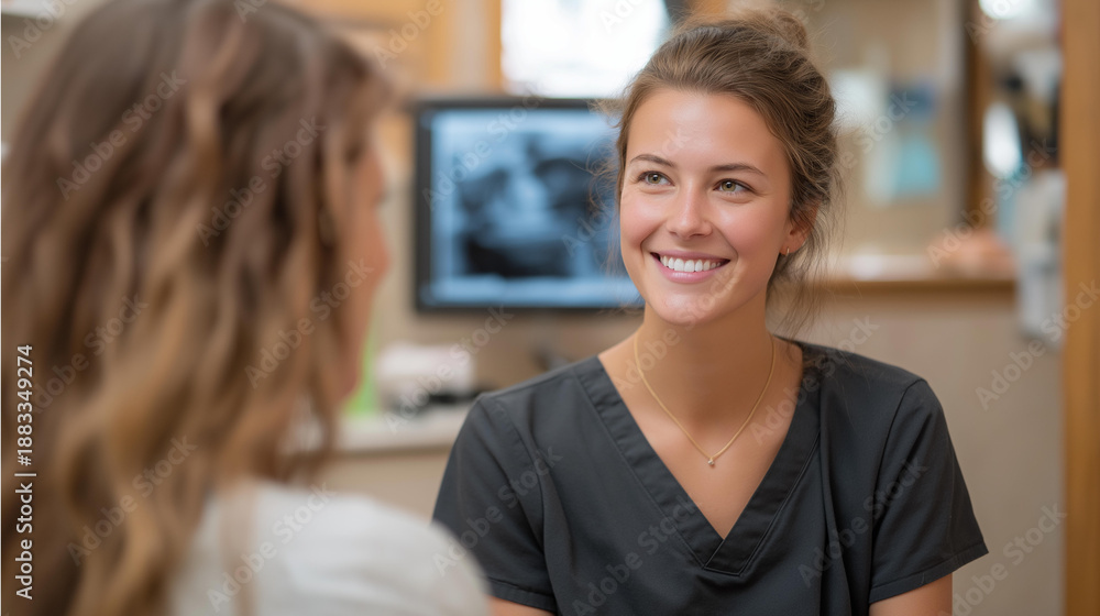 Fototapeta premium A dental office features a patient receiving an x-ray to diagnose oral health issues, demonstrating how x-ray imaging is essential for preventive care and treatment planning in dentistry. cinematic