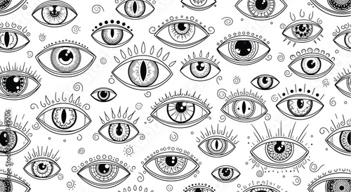 Seamless pattern of mystical and artistic eye illustrations in black line art on a white background for esoteric designs.