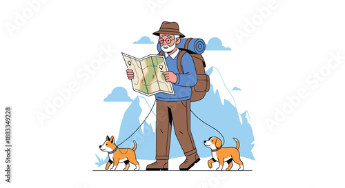 Active senior man with a backpack and map hiking through a snowy mountain range with his two small dogs on a winter adventure.
