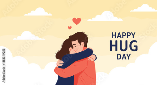 Happy Hug Day illustration of a young couple embracing in a tight hug against a beautiful sky with clouds and red heart shapes.