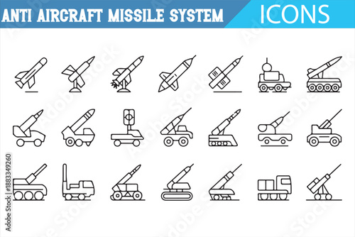Anti aircraft weapon icons pack for defense and security design