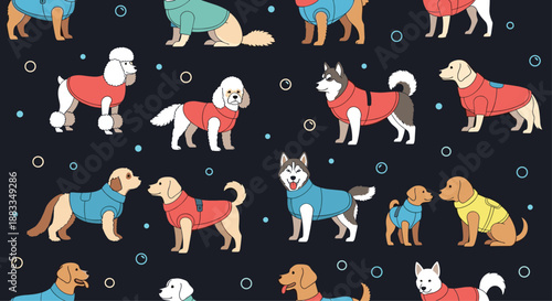 Seamless pattern of various dog breeds wearing colorful winter sweaters and warm coats on a dark background for pet owners.