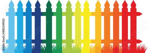 Vector Illustration of a Colorful Rainbow Picket Fence with Gradient Wooden Posts and Green Grass Silhouette Isolated on White Background for Kids Garden Design.