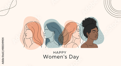 Happy Womens Day greeting with elegant line art portraits of diverse women from different backgrounds on a soft beige background.