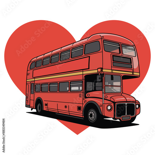 Illustration of a classic red doubledecker bus from london set against a large red heart shape, symbolizing love for london or travel