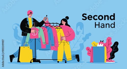 Young couple shopping at a second hand clothing store looking at a rack of colorful jackets and bags for sustainable fashion.