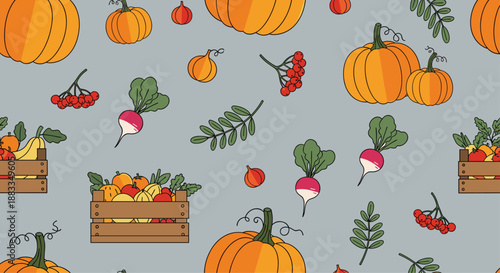 Autumn harvest seamless pattern with pumpkins radishes rowan berries and wooden crates full of vegetables on a gray backdrop.