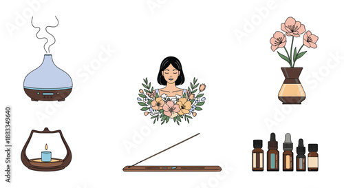 Set of aromatherapy and wellness icons including essential oils a meditating woman diffusers and incense for home spa care.