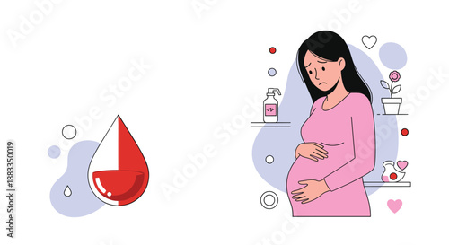 Concerned pregnant woman standing in a room with a blood drop icon indicating a need for medical attention or health risks.