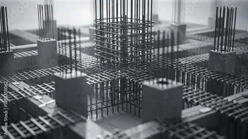 Abstract architectural construction featuring steel reinforcement bars and concrete pillars, showcasing modern engineering.