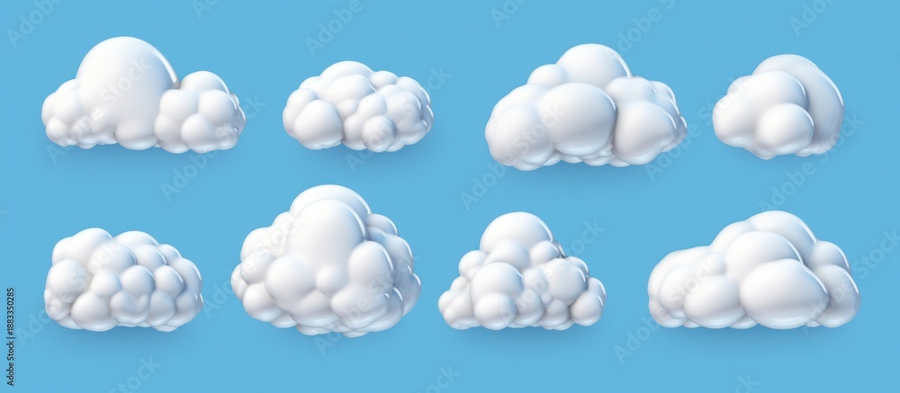 Fototapeta premium Collection of fluffy white cartoon clouds on a vibrant blue background.