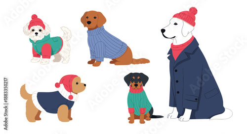 Collection of various dog breeds wearing cozy winter sweaters and hats, showcasing pet fashion for cold weather in a flat illustration style.
