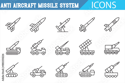 Military air defense icons set with radar guided missile systems
