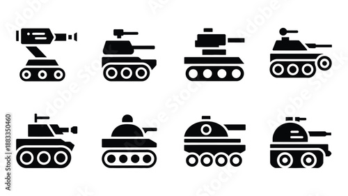 Military tank silhouette icons, armored vehicle graphics, modern warfare illustration, army design elements