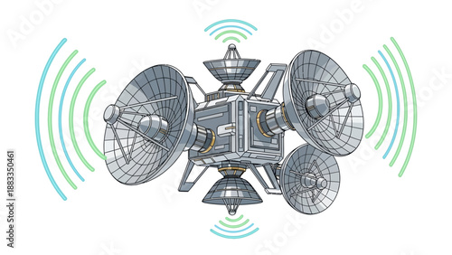Satellite with multiple dishes and signal transmission.