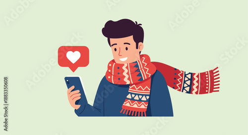 Young man wearing a warm winter scarf and sweater looking happily at his smartphone after receiving a heart like social media alert.