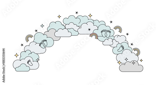 Dreamy arch made of soft blue and grey clouds decorated with baby footprints, rainbows, and shining stars for nursery decoration.