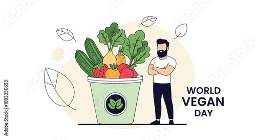 Strong man standing next to a large bucket filled with fresh vegetables and fruits to celebrate world vegan day and healthy living.