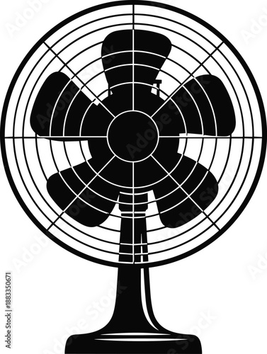 Vintage Style Electric Desk Fan Illustration in Black and White Line Art for Summer Cooling Solutions Home Appliances Climate Control and Interior Design