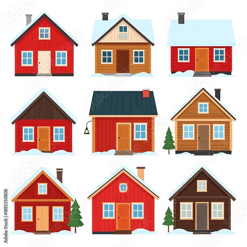 Wallpaper Mural Collection of various colorful cabins, each with a unique design and architectural style, set against a wintery background Torontodigital.ca