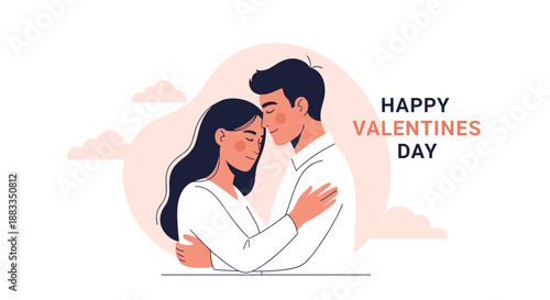 Loving couple embracing each other tightly to celebrate happy valentine's day, set against a soft background with clouds and hearts.