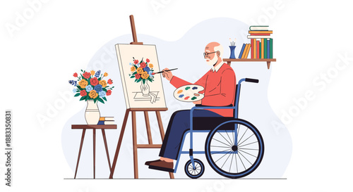 Elderly man in a wheelchair enjoys painting a vibrant bouquet of flowers on an easel in a room filled with books and floral art.
