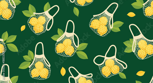 Vibrant seamless pattern of fresh yellow lemons inside white mesh reusable bags on a dark green background with scattered leaves.
