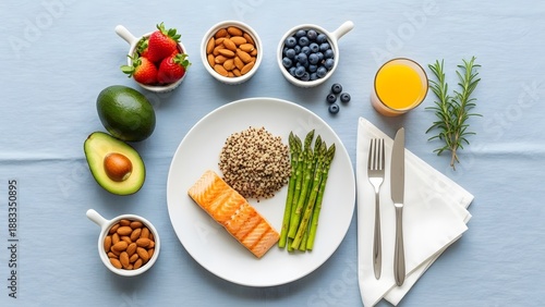 Wallpaper Mural Healthy breakfast plate with salmon, quinoa, and asparagus on blue table Torontodigital.ca