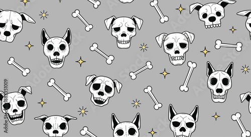 Spooky but cute halloween pattern of dog skulls and bones decorated with small stars on a neutral grey background for pet lovers.