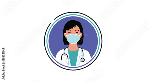 Professional female doctor wearing a white coat and a surgical face mask inside a circular frame for healthcare and medical icons.