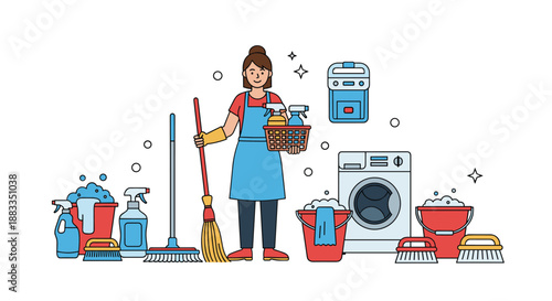 Hardworking woman in an apron and gloves surrounded by various cleaning supplies like a mop, washing machine, buckets, and brushes.