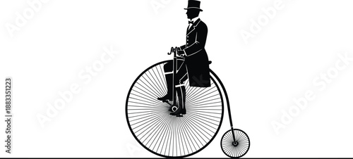 Vintage Black Silhouette of a Victorian Gentleman Riding a Penny Farthing High Wheeler Bicycle for Historical Transportation Classic Engineering Retro Cycling and Antique Graphic Design