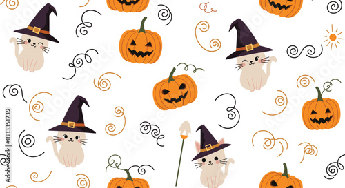 Spooky and cute halloween seamless pattern with cats wearing witch hats pumpkins and magical swirls on white background.
