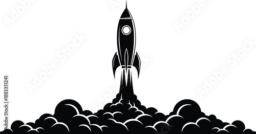 Vintage Black and White Rocket Launch Illustration with Smoke Clouds for Space Exploration Science Fiction Technology Startup Success Innovation and Retro Futuristic Graphic Design
