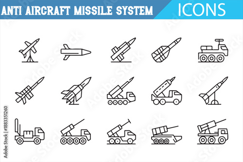 Anti aircraft missile system icons set in black outline vector style