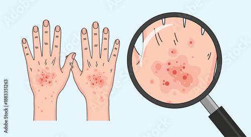 Hands with skin rash and inflammation shown under a magnifying glass for eczema and allergy dermatological medical themes.