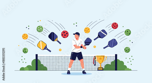 Energetic man playing pickleball with multiple paddles and balls flying across the court and a golden winner trophy.