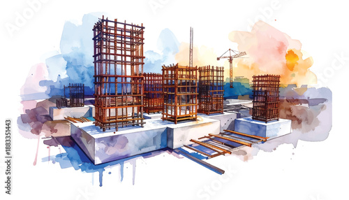 Watercolor of Building Construction Site with Rebar Structures and illutrastion transparent background