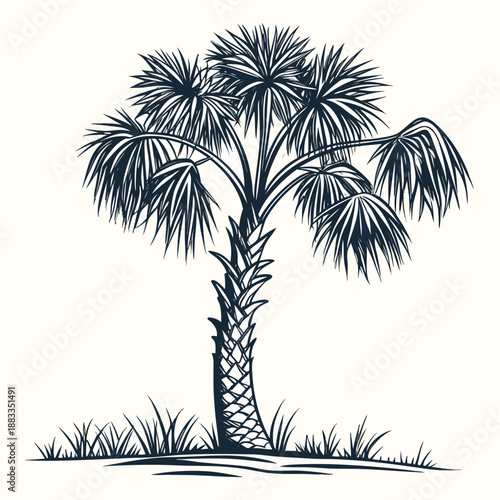 Palm Tree Tropical Landscape Illustration – Vintage Nature Scene in Green Line Art