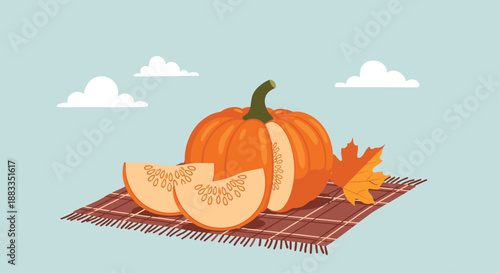 Autumn themed illustration featuring a whole pumpkin and slices on a checkered blanket with a fallen leaf under a cloudy sky.