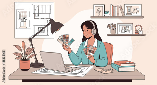 Professional female interior designer working on a laptop at her desk surrounded by color swatches plans and home decor.