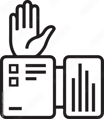 Engaging with data: hand raised from document connected to statistical bar chart