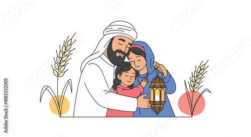 Loving muslim family hugging during ramadan celebration with a traditional lantern and decorative wheat stalks.