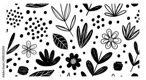 Hand drawn modern illustration of a seamless botanical pattern depicting doodle flowers, leaves, and organic abstract shapes for textile design and decorative backgrounds