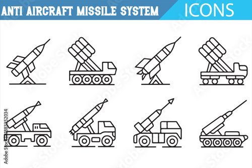 Anti aircraft missile system icons set in black outline style showing air defense launchers, radar guided missiles and military vehicles, minimal vector defense symbols isolated on white background