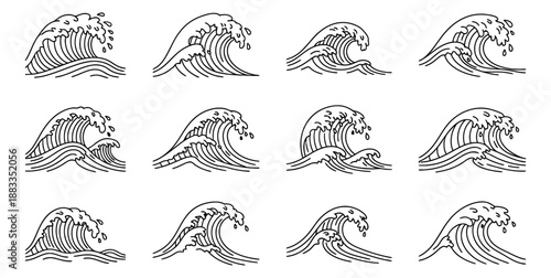 Hand drawn line art ocean waves set featuring various crashing and splashing water for marine and summer designs