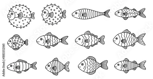 Hand drawn line art fish set featuring various marine species and a pufferfish for aquatic themed designs